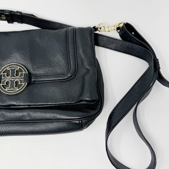 TORY BURCH | Amanda Leather Black & Gold Foldover Adjustable Crossbody Purse Bag - Picture 3 of 14